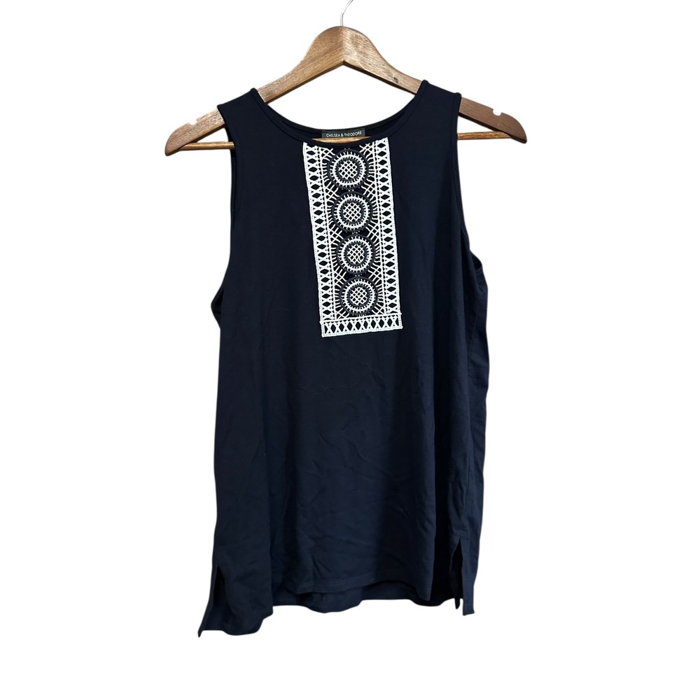 Chelsea‎ & Theodore Womens Sleeveless Top Black White Embellished Tank S
